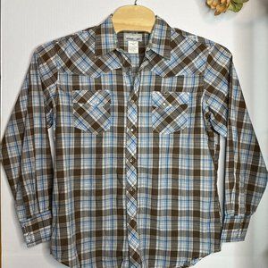 Wrangler Shirt Mens LargeWestern Snap Button Long Sleeve Brown Blue Plaid Rodeo